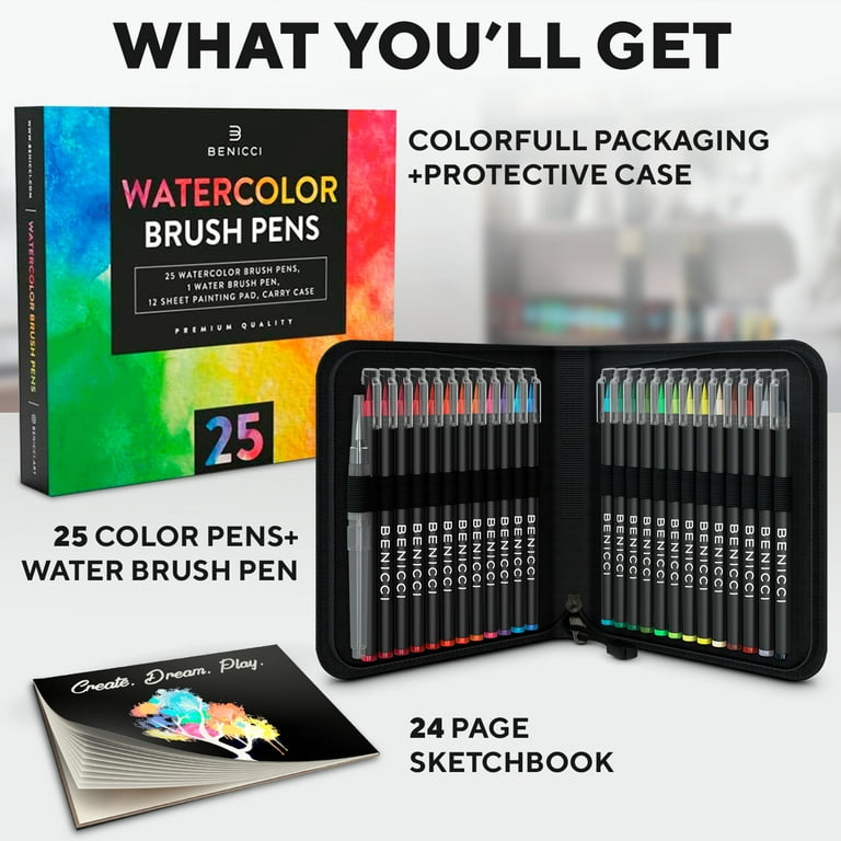 .com : Hikkies 20+1 Watercolor Brush Pens. Has nylon brush tips. Good  as calligraphy pens, watercolor brush pens, art pens, coloring pens. Fine  tip for lettering & Sketching. Great for gifts, artist