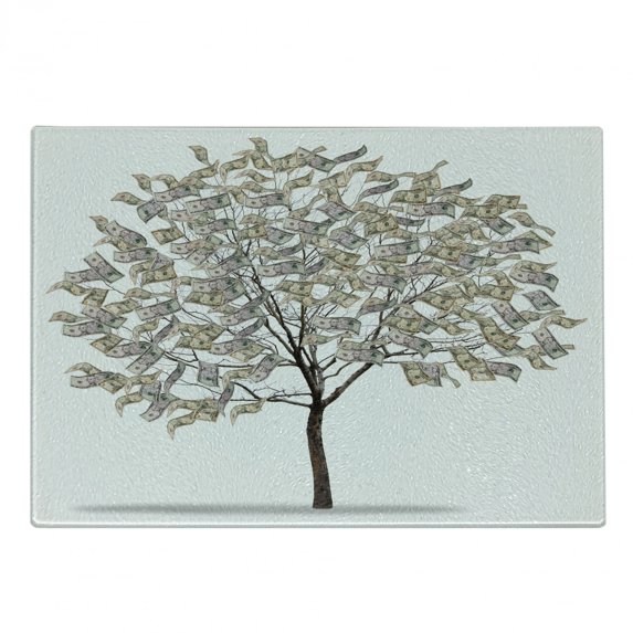 Abstract Cutting Board, Digitally Generated Surreal Riches Tree with Money Shape Leaves on Plain Backdrop, Decorative Tempered Glass Cutting and Serving Board, in 3 Sizes, by Ambesonne