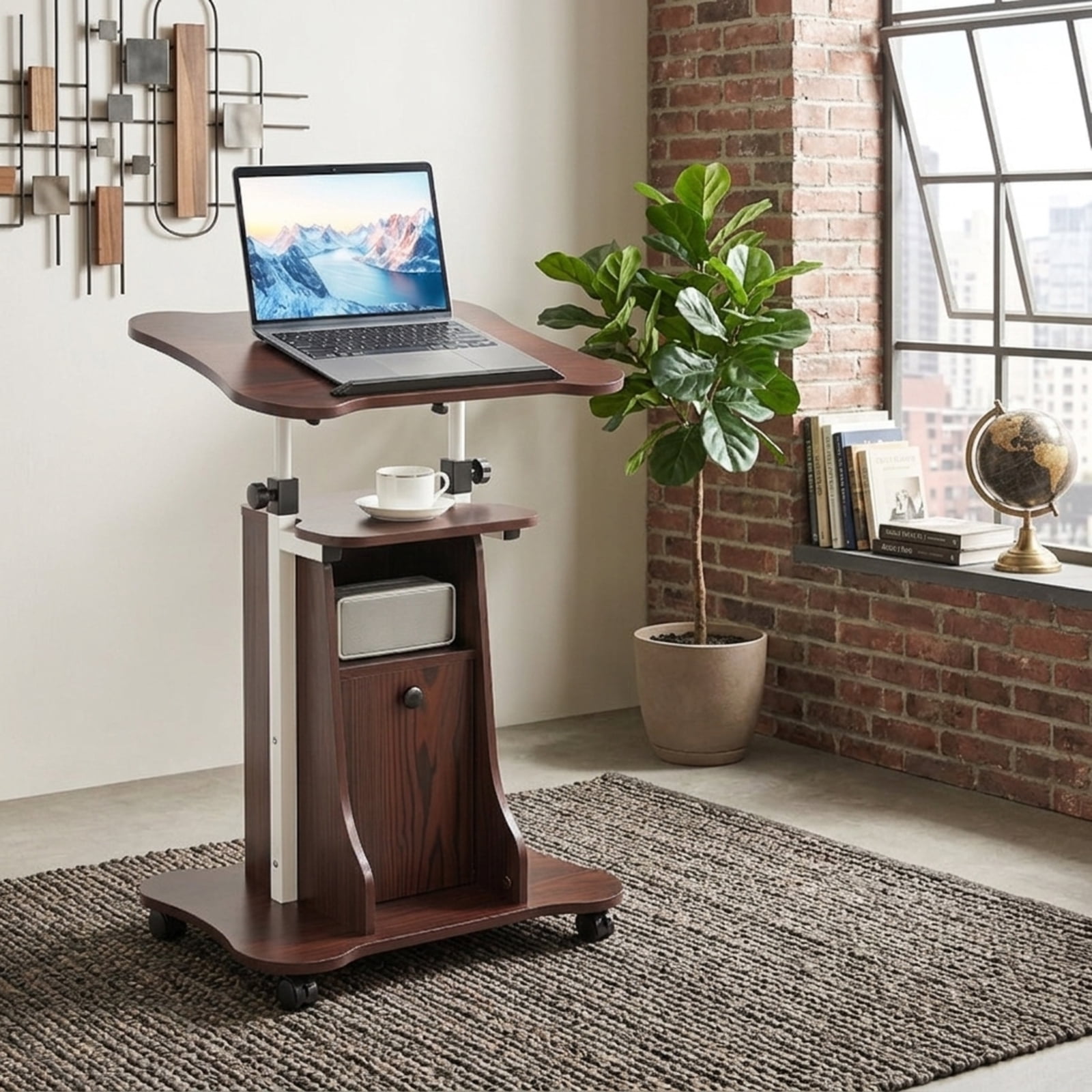 Furnibear Adjustable Mobile Standing Desk Cart with Tilting Desktop Cabinet and Locking Casters for Home Office and School, Brown