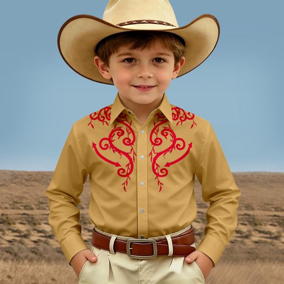 SOFTCCLO Boys Shirts Long Sleeve Lapel Collar Button Down Tops Vintage Western Cowboy Print Casual Everyday Wear Kids Shirts Size 4-5Y