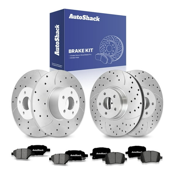 AutoShack Front Vented & Rear Solid Drilled & Slotted Silver Zinc Coated Brake Rotors   Ceramic Pads 12-PC Brake Kit Replacement for 2004-2012 Chevrolet Malibu 2006-2010 Pontiac G6 SilverShield Pro