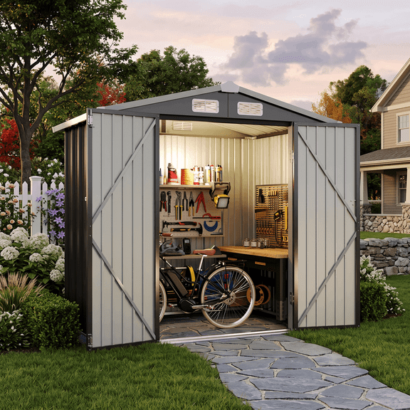 6x4FT Outdoor Storage Shed, Heavy Duty Galvanized Steel Utility Building with Lockable Double Door & Vents, Garden Organizer for Backyard Patio Lawn, Black