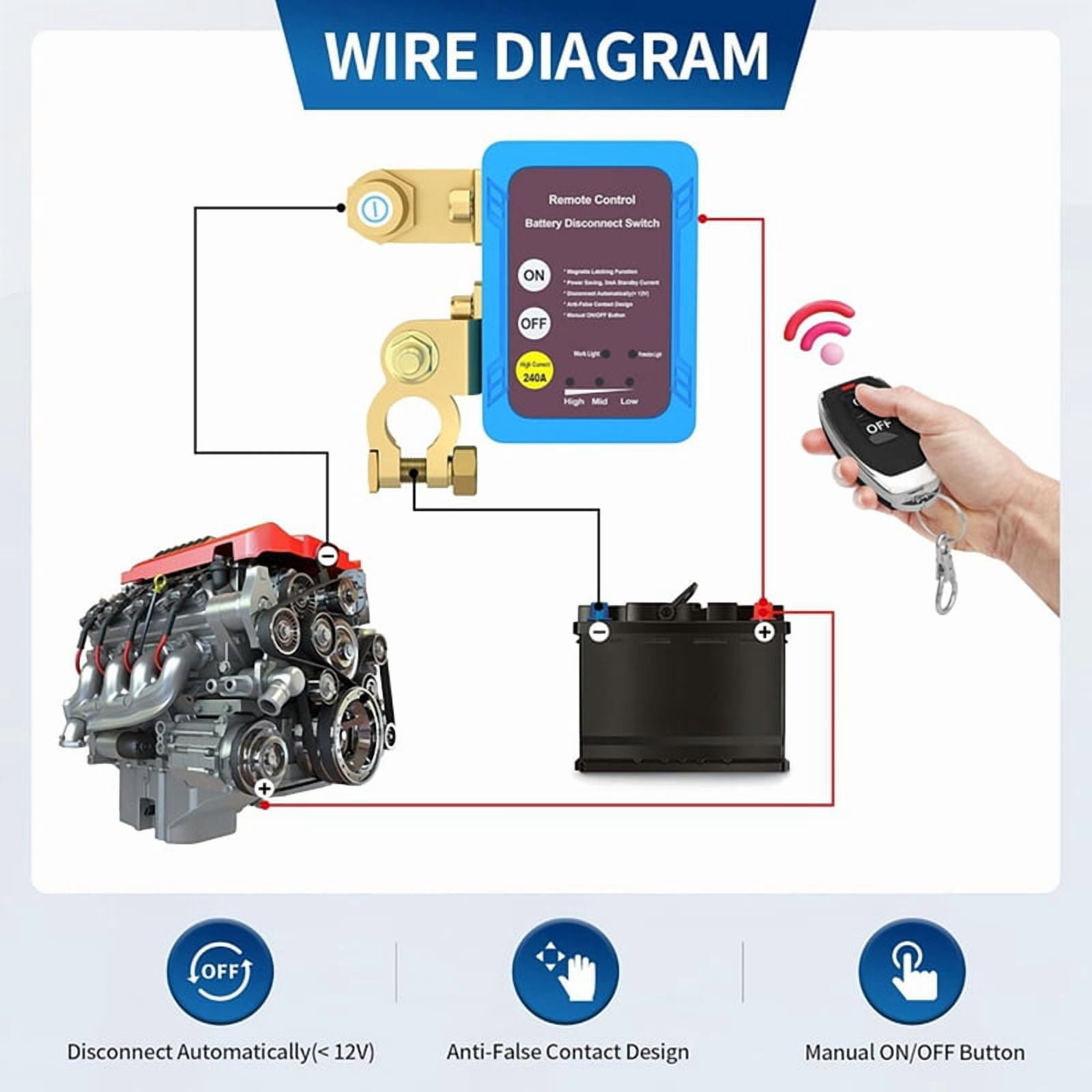 4X 12V 240A Remote Battery Disconnect Switch, Automatic Power Off Switch Car Truck Boat Remote Control Switch
