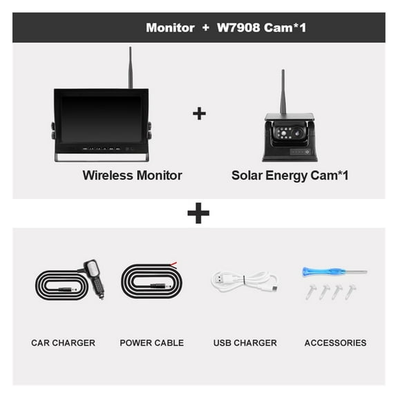 Solar Energy Wireless Reverse Backup Camera With AHD 9 Inch Rear View DVR Recording Monitor For Camper/Truck/Hitch/Trailer ,High Volume Speakers