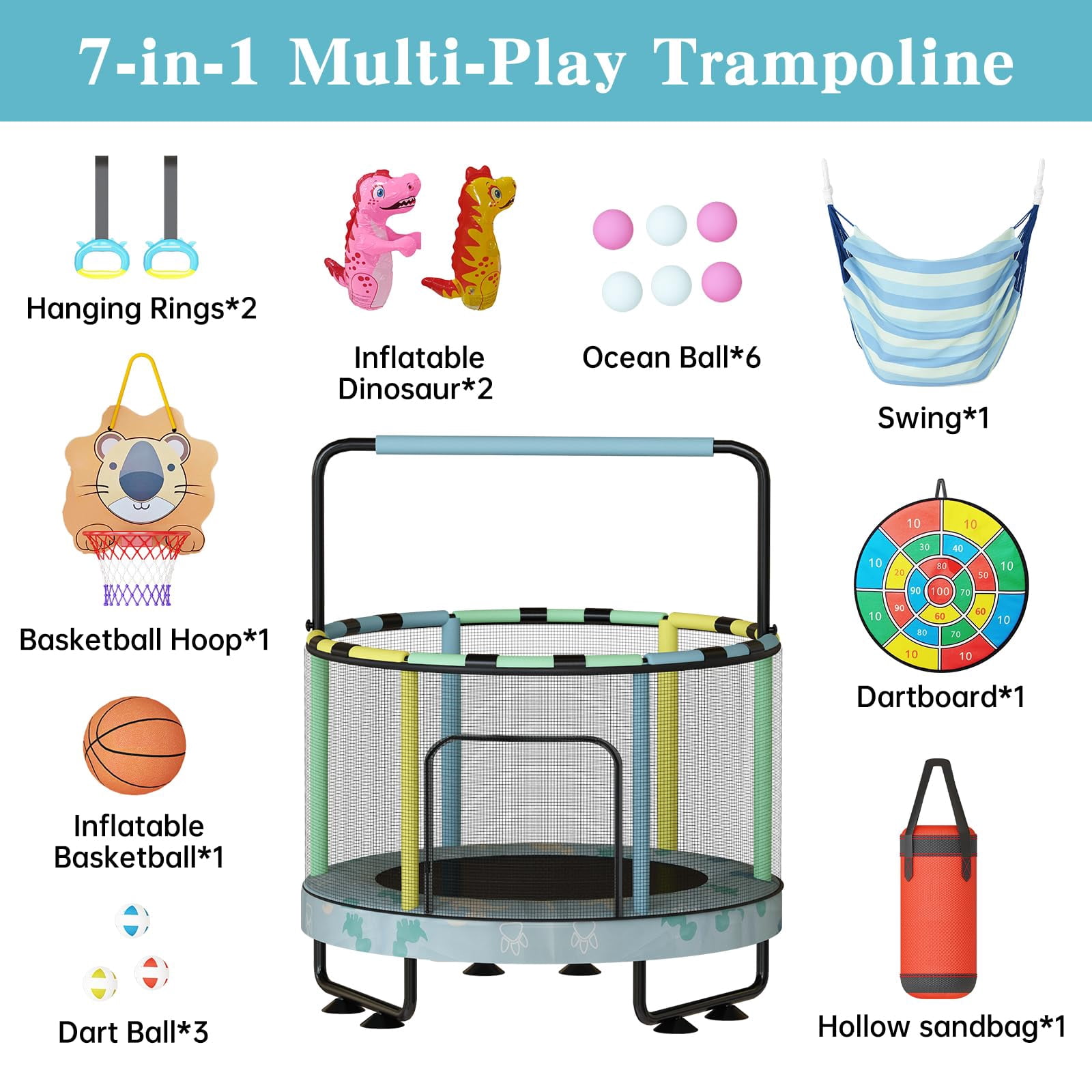 Baxluxe 55" 7-in-1 Upgraded Kids Trampoline, Reinforced Safe Design with Adjustable Height & Net, 500lbs Capacity Indoor and Outdoor Mini Trampoline for Boys & Girls Ages 3-8, Blue Dinosaur