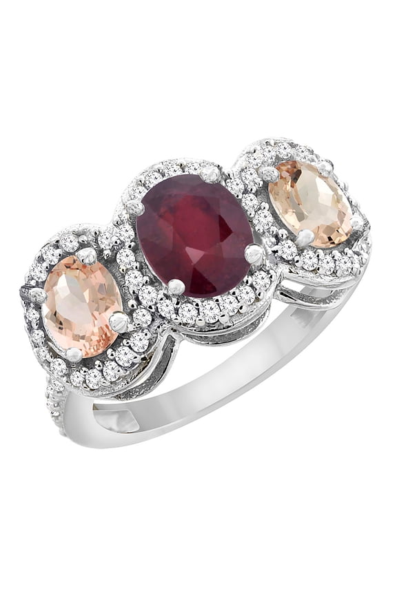 10K White Gold Enhanced Ruby & Natural Morganite 3-Stone Ring Oval Diamond Accent, size 7.5