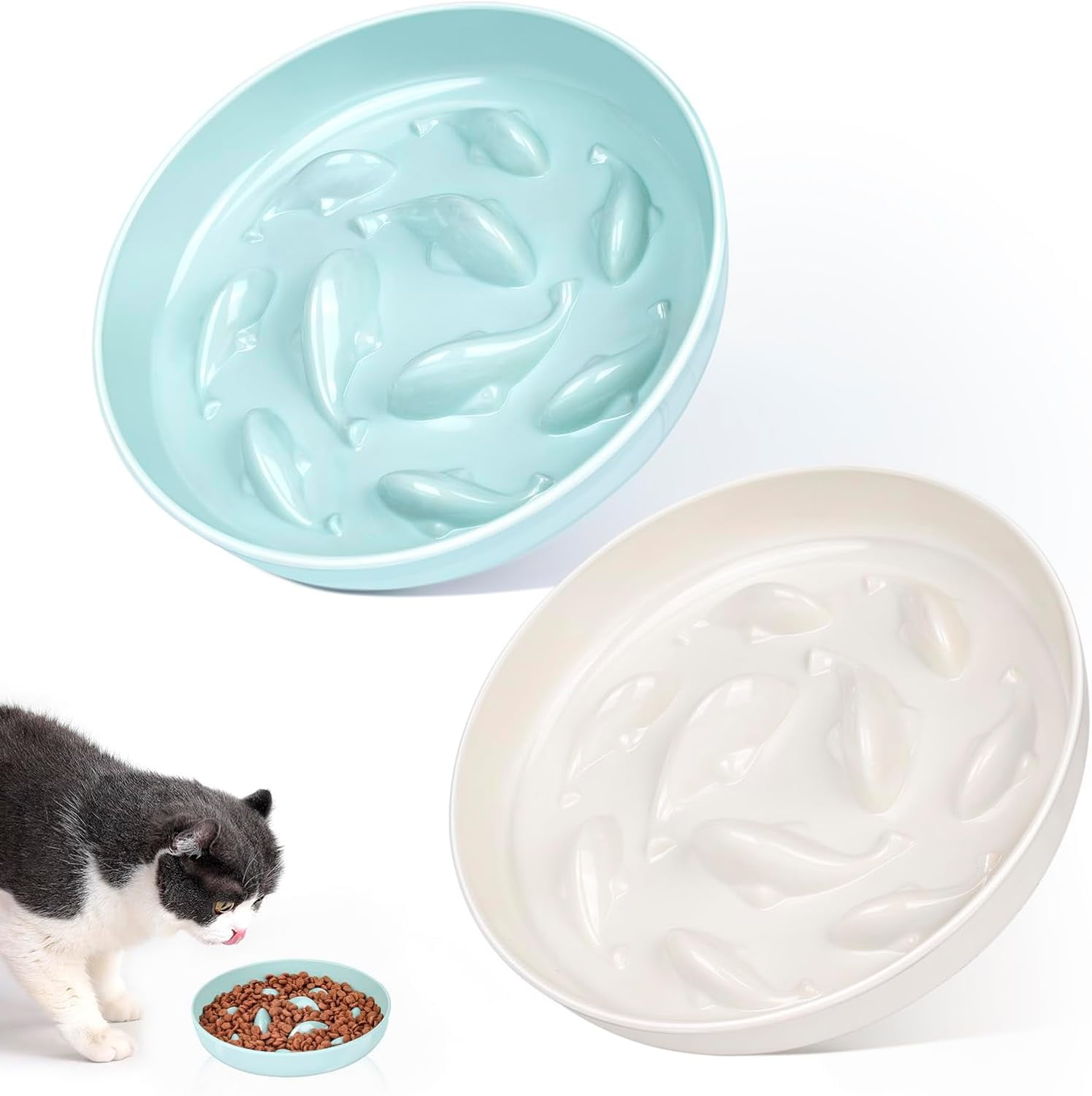 ABCISI 2PCS Slow Feeder Cat Bowl, Cat Food Bowl with Fish Pool Design, Healthy Eating Diet Pet Bowl, Interactive Puzzle Feeder Dish for Cats, Non-Slip Anti Gulping Cat Bowl for Dry and Wet Food