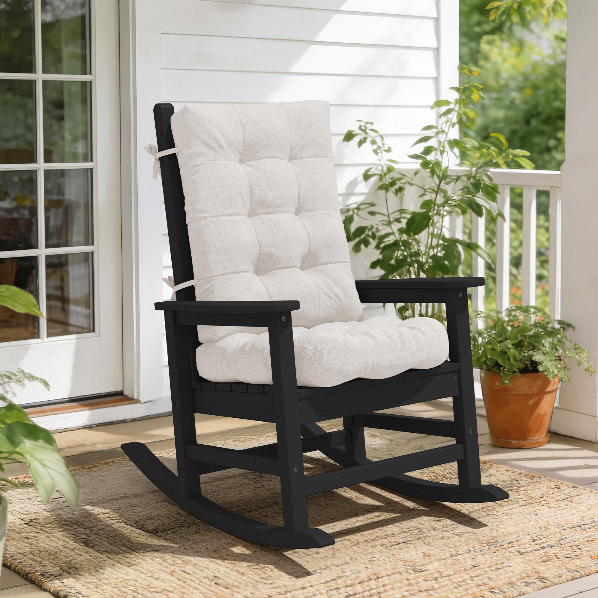 FUNDAZE Outdoor Chair Cushion, 47"L x 19.9"W 1 Piece Cushion W/ Ties for Indoor Outdoor Rocking Chairs, Beige