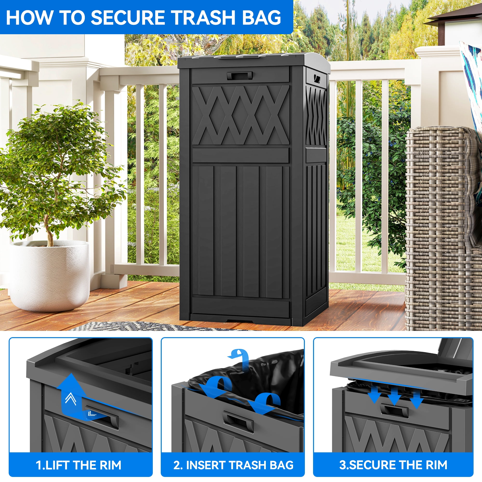 Dextrus 31-Gallon Resin Trash Can With Lid & Tray, Waterproof for