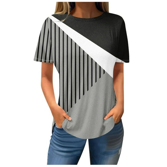 ICHUANYI Womens Casual Colorblock Print Short Sleeve Crew Neck Shirts T-shirt Tops Fashion Clothing