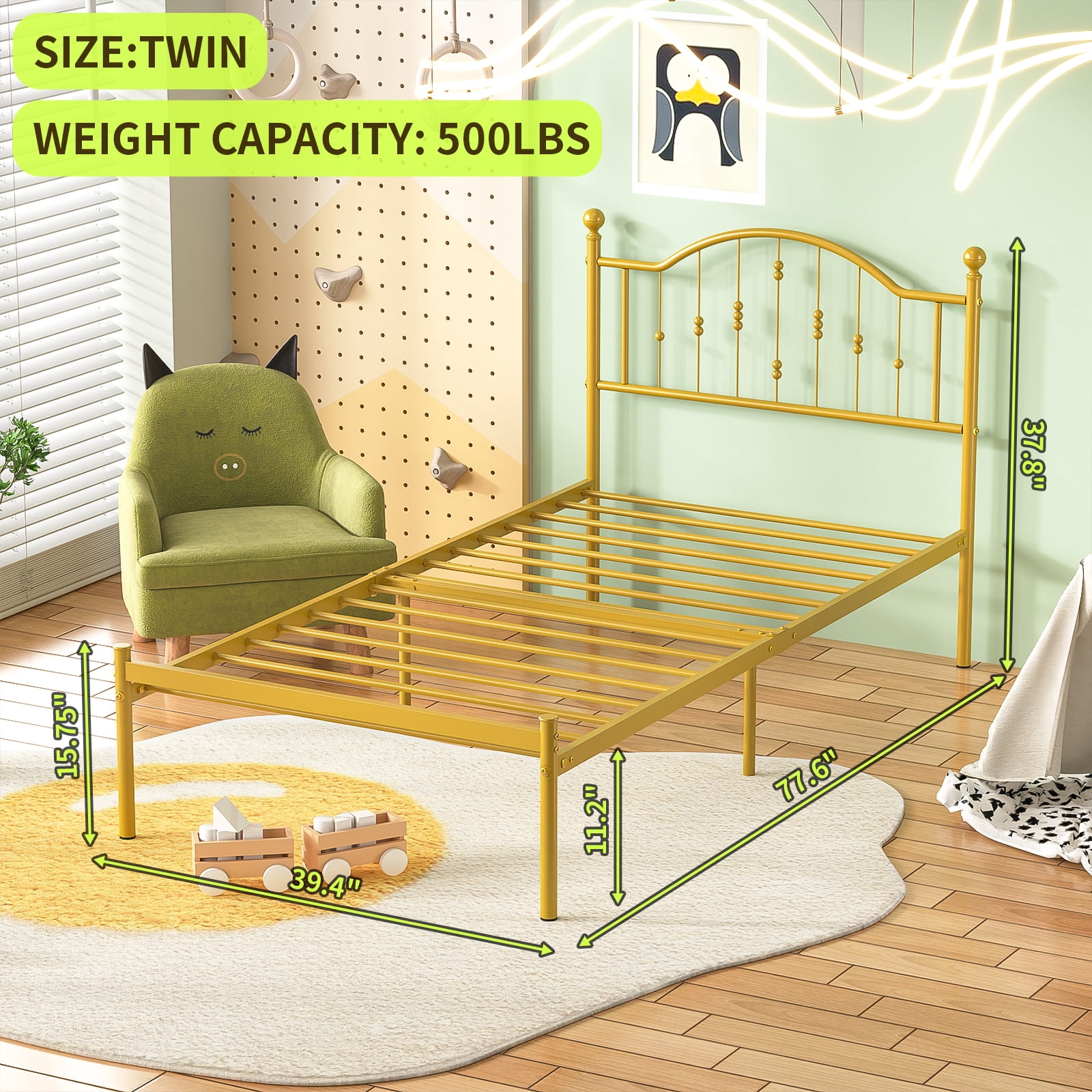 Yoneston Kids Twin Metal Platform Bed Frame with Vintage Headboard No Box Spring Need for Kids Teens, Antique Gold