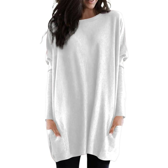 Arlun,Womens Oversized Crewneck T Shirts Solid Color Loose Fit Fall Casual Tops Ladies Long Sleeve Lightweight Breathable Tunic Tshirts with Pockets White XL