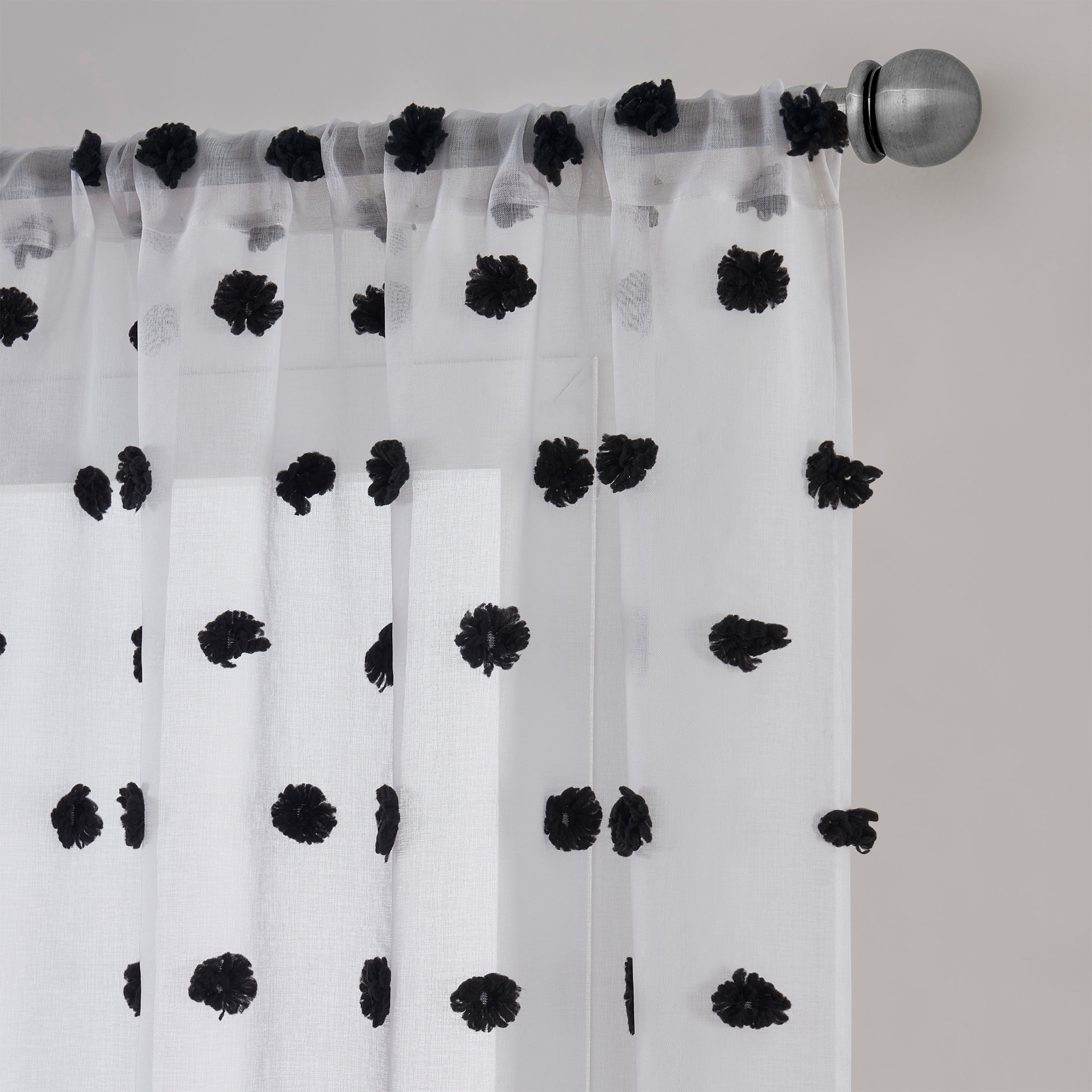 (2 pack) Your Zone Clipped Pom Rod Pocket Sheer Single Curtain Panel, White/Black, 38"W x 84"L