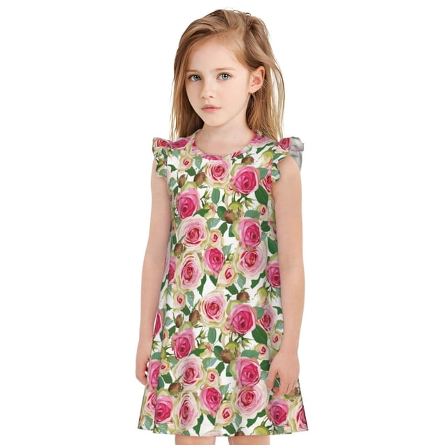 Vsdgher Roses pour Filles Chemises de Nuit Manches Courtes à Volants Robe de Nuit Pyjama pour Fête Pyjama-TG