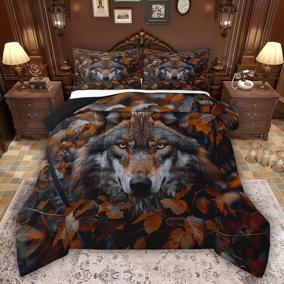 Feelyou 3D Jungle Wolf Full Size Comforter Sets, Rustic Leaves Plant Bedding Sets, 3pcs
