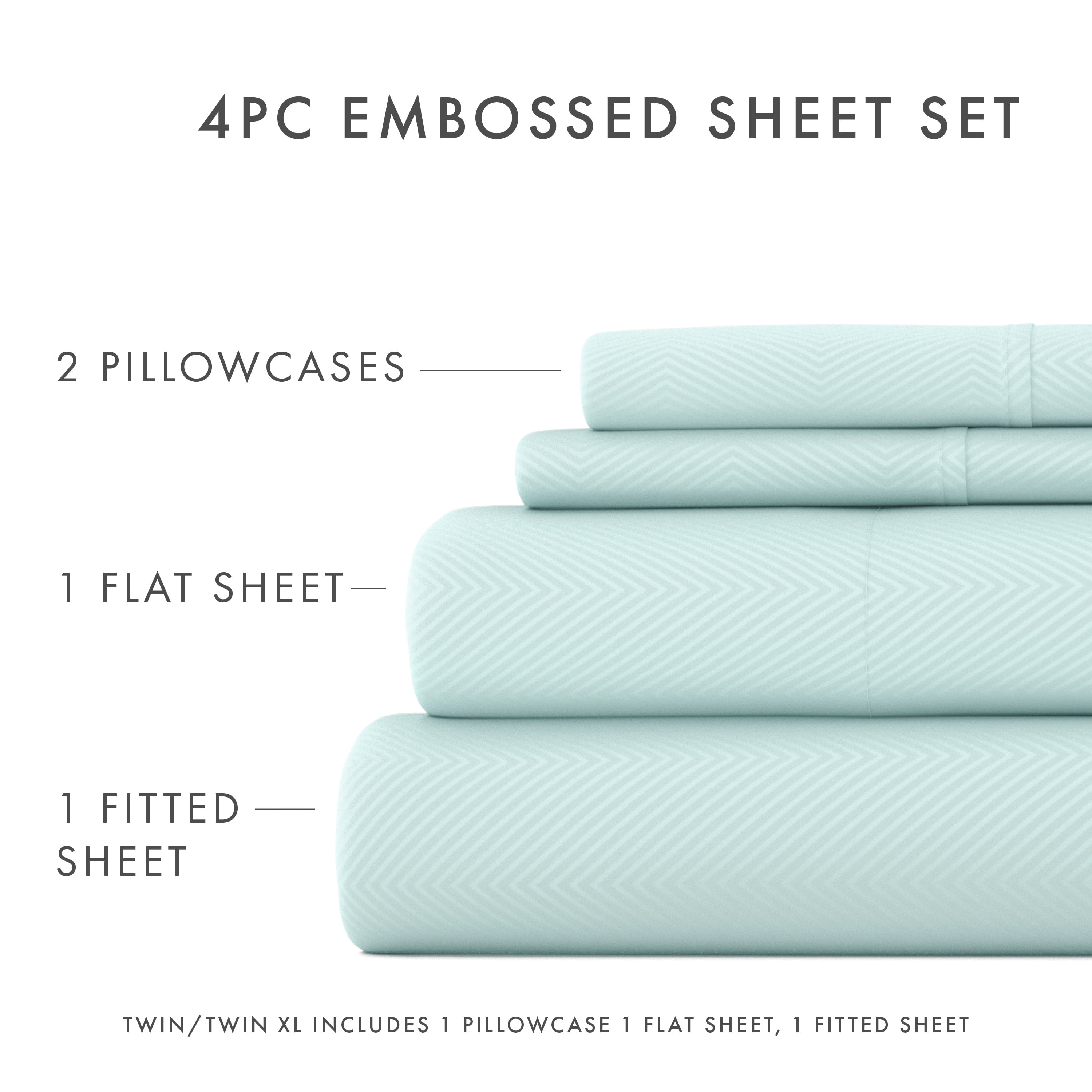 Noble Linens 4 Piece Aqua Chevron Embossed Bed Sheet Set, Full