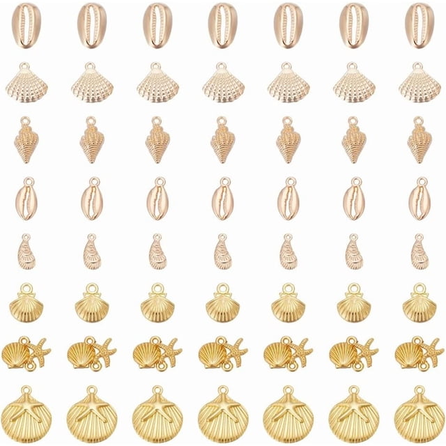 80 piezas de 8 estilos de conchas doradas, dijes de animales marinos, vieiras, caracola, dije de océano de verano, dije de joyería de metal.