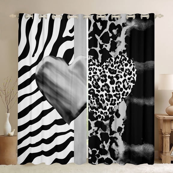 Manfei Leopard Print Hearts Black Out Curtains,Zebra Geometric Stripes Curtains Pack of 2 (42x63 Each),Gray White Black Bedroom Curtains For Boys Kids,Breathable Home Decor