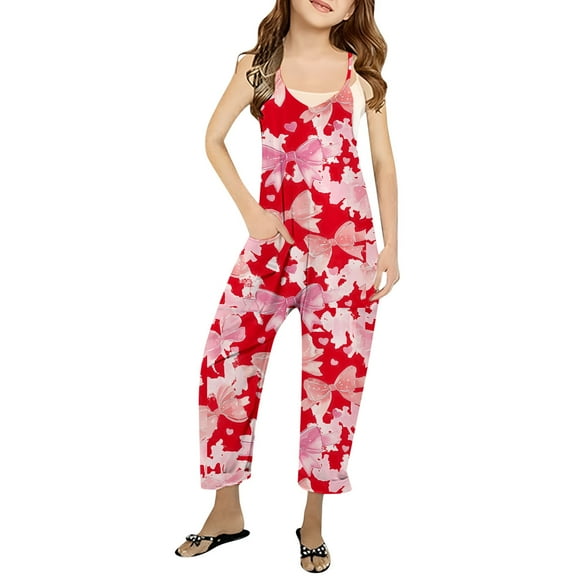 SNKSDGM Girls Cargo Pants 12-14 Years Old Girls' Printed Casual V Suspender Romper Solid Color Loose Casual Romper with Pocket Spring and Summer Clothing 5-6Years