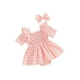 thumbnail image 2 of Musuos Baby Girls Summer 2 Piece Set, 3 6 12 18 24Months Square Neck Short Sleeve Frill Trim Plaid Romper Dress + 3D Bow Headband Set, 2 of 10
