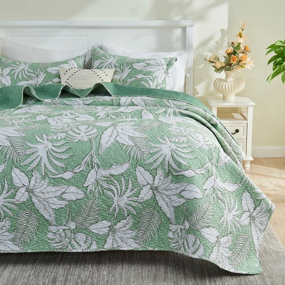 Gogreen Luxury Printed Quilt Set Queen Size, Lightweight Comforter Set, Oversized Bedspread Coverlet Quilted Bedding Set, with 2 Matching Pillowcases, for All Season