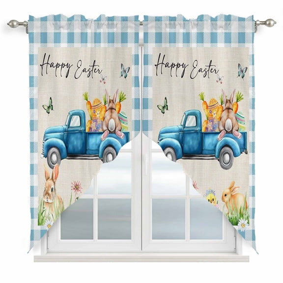 Blue Plaid Easter Swag Valances for Windows, Kitchen Window Curtains Over Sink, Blue Truck Spring Floral Bunny Rustic Window Treatment Curtains for Living Room/Bedroom Curtains 2 Panel Sets 36"x45"
