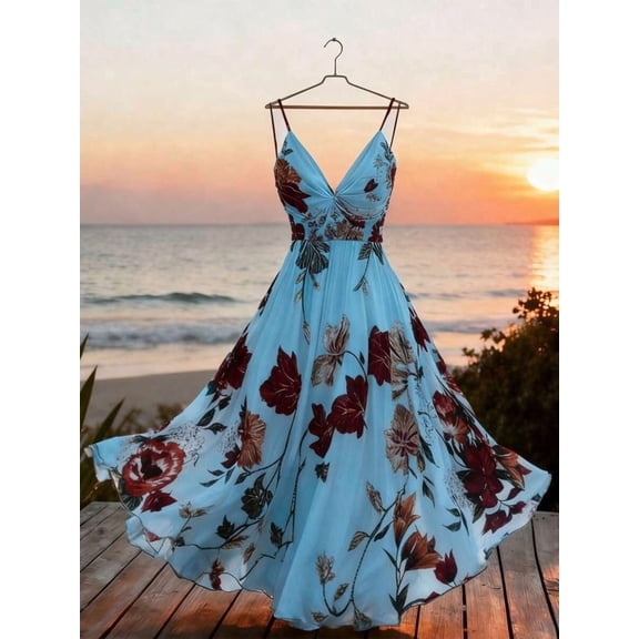 Blue Floral Print Ruched Waist V-Neck Spaghetti Strap Maxi Dress For Evening