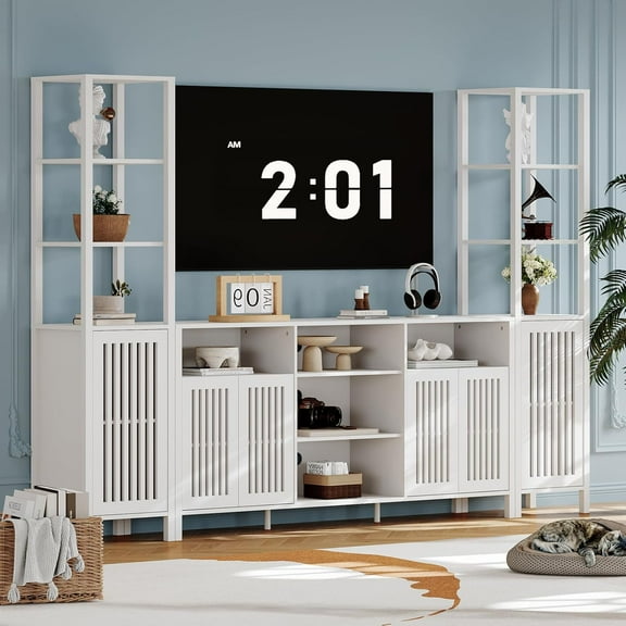 3-Piece Large TV Stand with Bookshelves, Farmhouse TV Stand for 70 Inch TVs, Multi-Functional Home Entertainment Center Modern Console Cabinet for Living Room Bedroom Home Theater