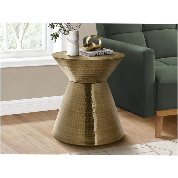 JERFIT Modern Gold Drum Accent Table, Hammered Metal End Table Nightstand for Bedroom or Living Room
