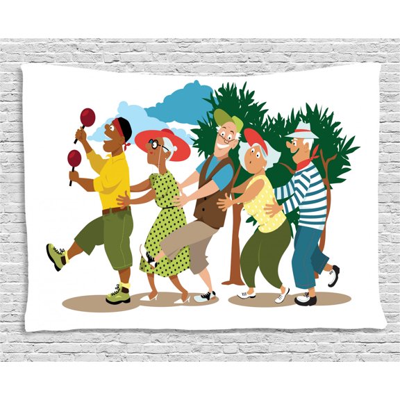Retirement Party Tapestry, Group of Seniors Led by a Young Dancer Doing Line Dance During Holiday, Wall Hanging for Bedroom Living Room Dorm Decor, 60W X 40L Inches, Multicolor, by Ambesonne