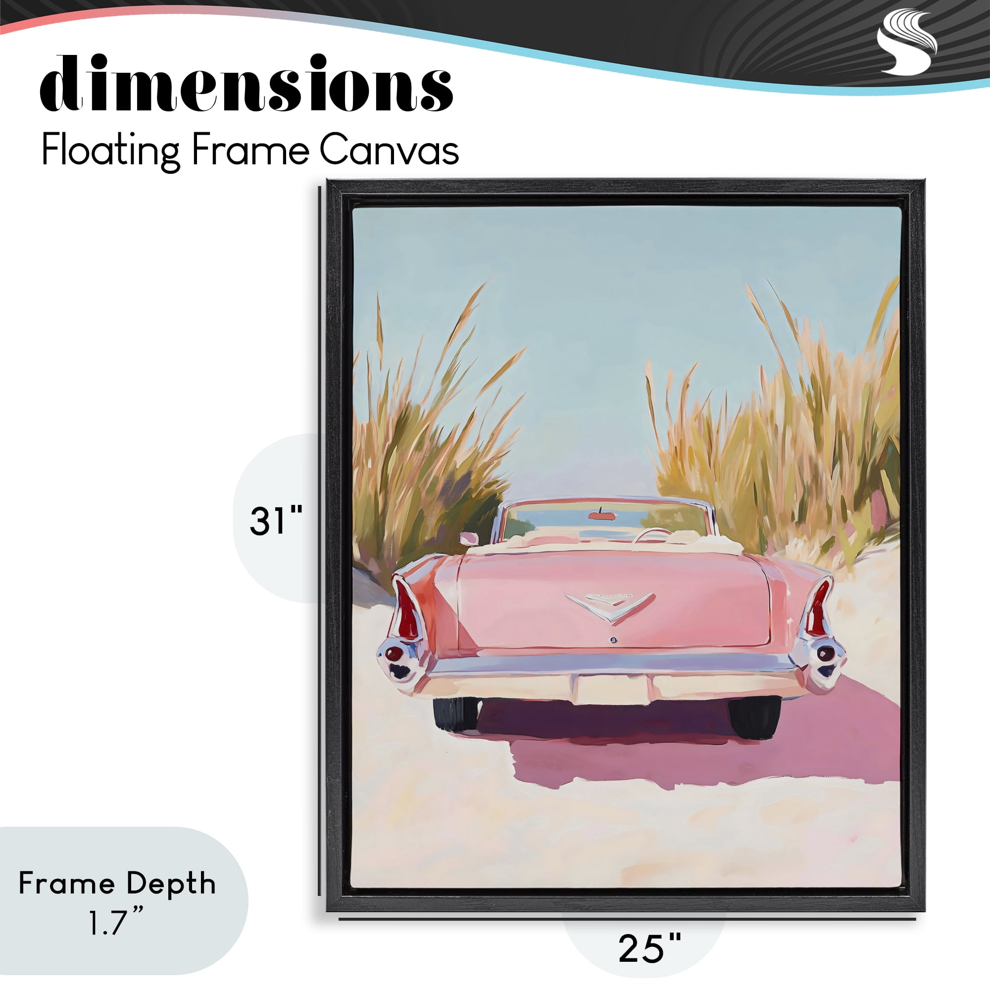 Stupell Industries Pink Cadillac on Beach Black Framed Floater Canvas Wall Art, design by The Prints Vibe