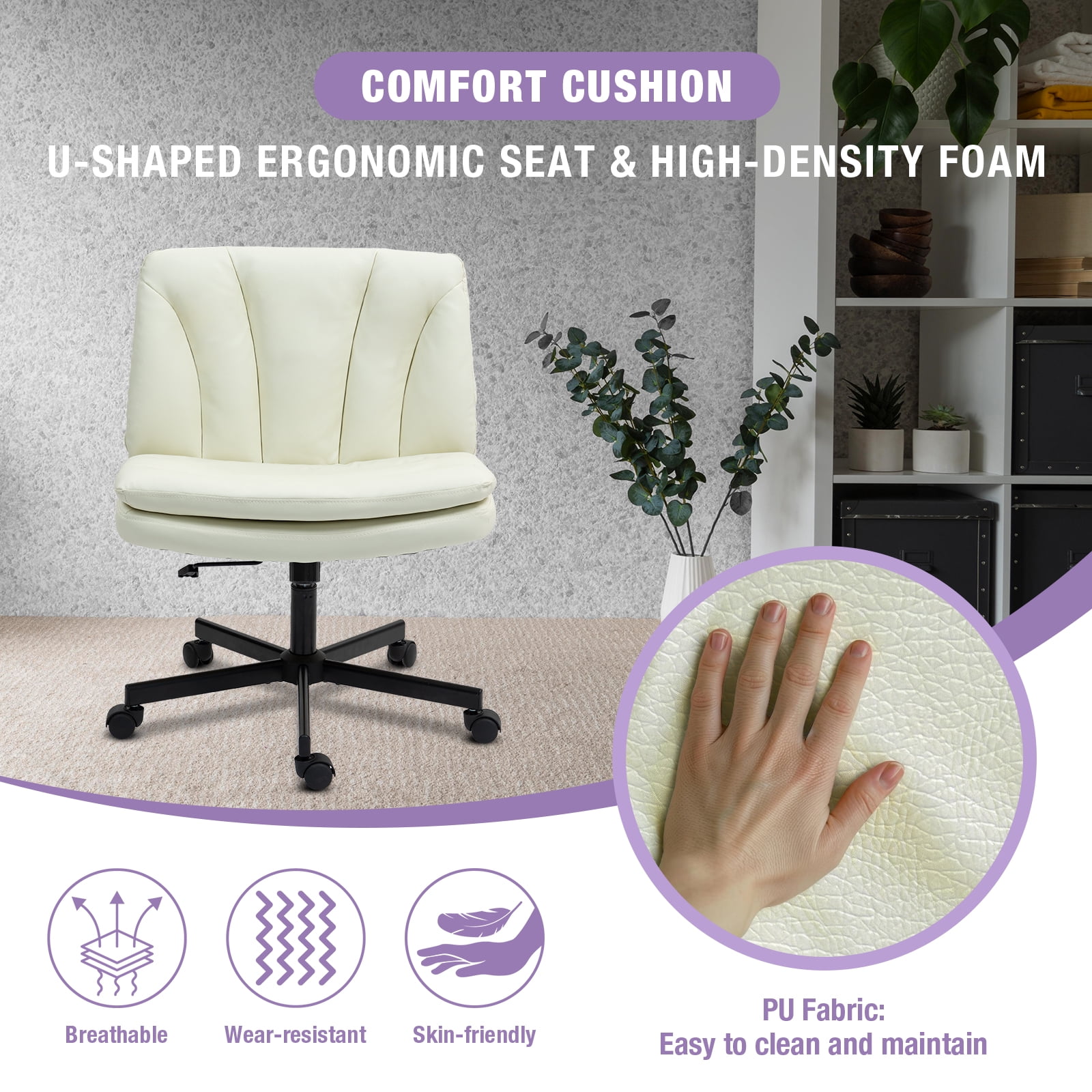 Criss Cross Legged Chair Ergonomic Home Office Desk Chair with Casters, Armless Wide Comfy Computer Task Seat Swivel Rolling Vanity Chair with Height Adjustable and Rocking Function, Beige