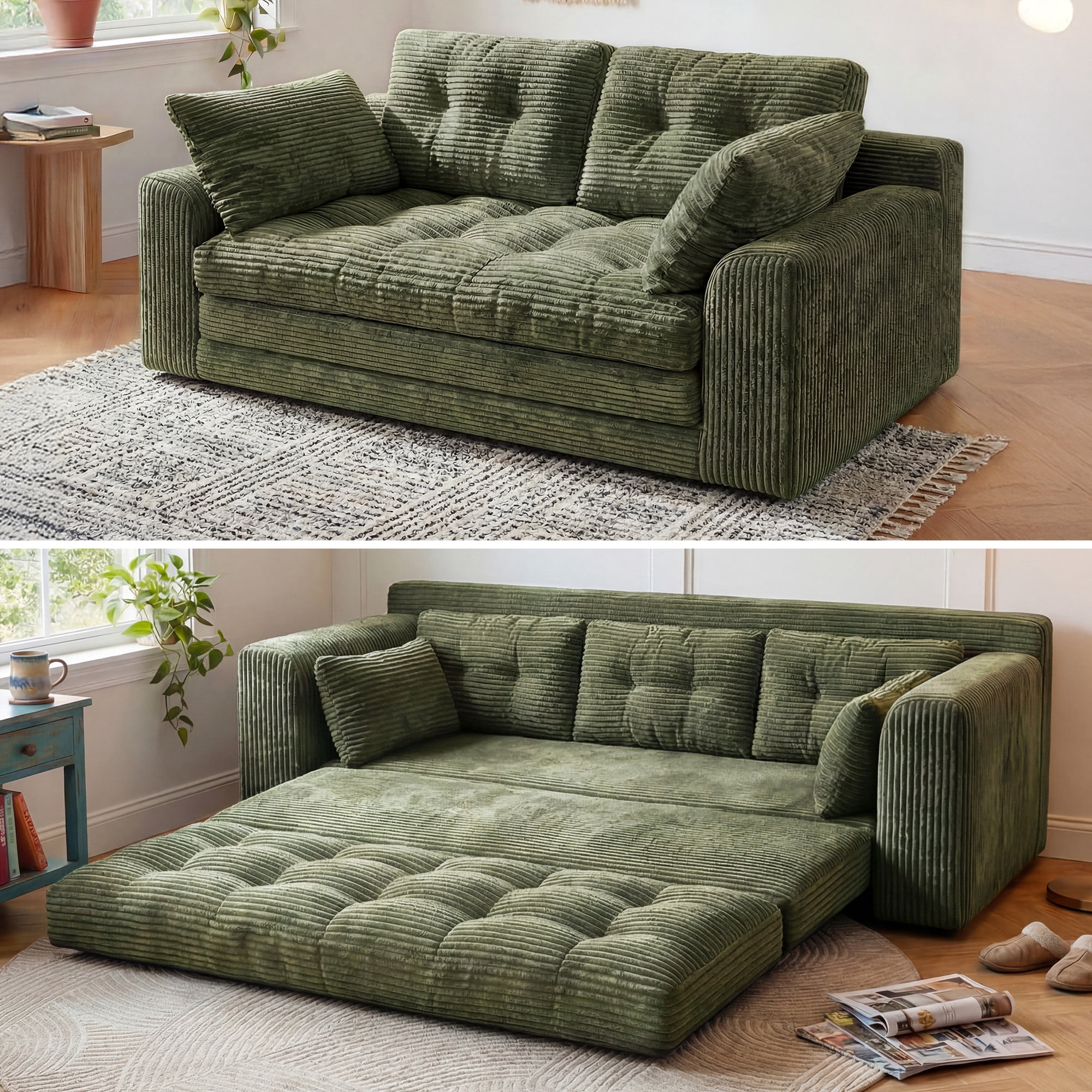 EnHomee 58.6" Foldable Sofa for Adult Loveseat Sofa Couch with Deep Seat Adjustable Floor Sofa Couch with 4 Pillows,Green