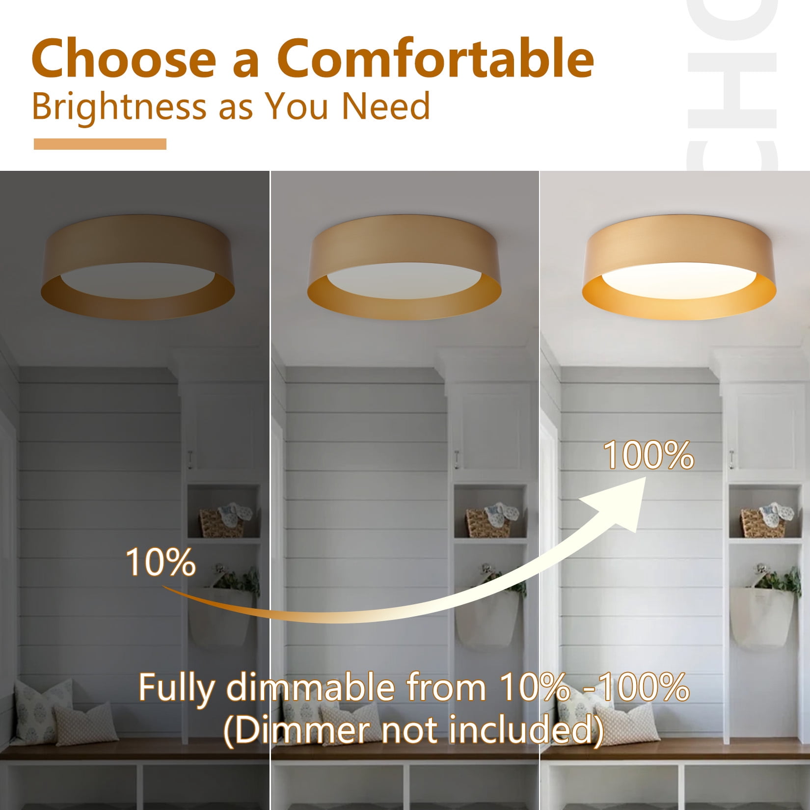 BESTOMINE Flush Mount Ceiling Light,16.5 inch LED Ceiling Light Fixture,Polished Gold Finish,Light Fixtures Ceiling Mount,Light Fixtures,Dimmable/3000K/18W,Outdoor Flush Mount Lighting Fixtures