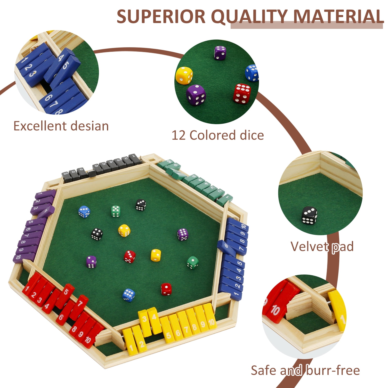Wekvgz Shut The Box Game for 1 to 6 Players Wood Tabletop Board Game with 12 Dice Fun Close The Box Game Handmade Shut The Box Dice Game for Kids Adults Families Home Party