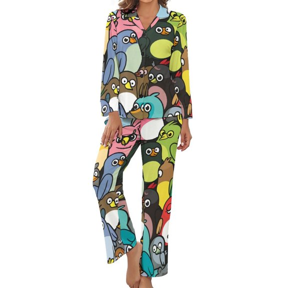 PoBuds Women's Long Sleeve Flannel Pajama Set Sleepwear Cute Bird Cartoon XL