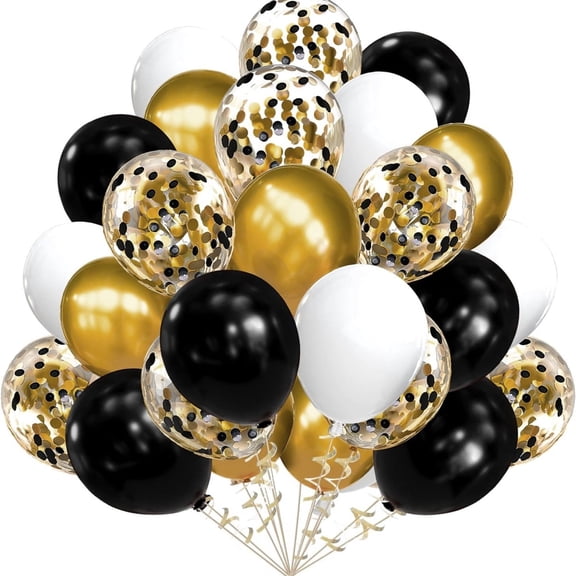 90-Pack 12 inch Black, Gold & White Confetti Balloons with Ribbons, Graduation Birthday Wedding Party Decorations