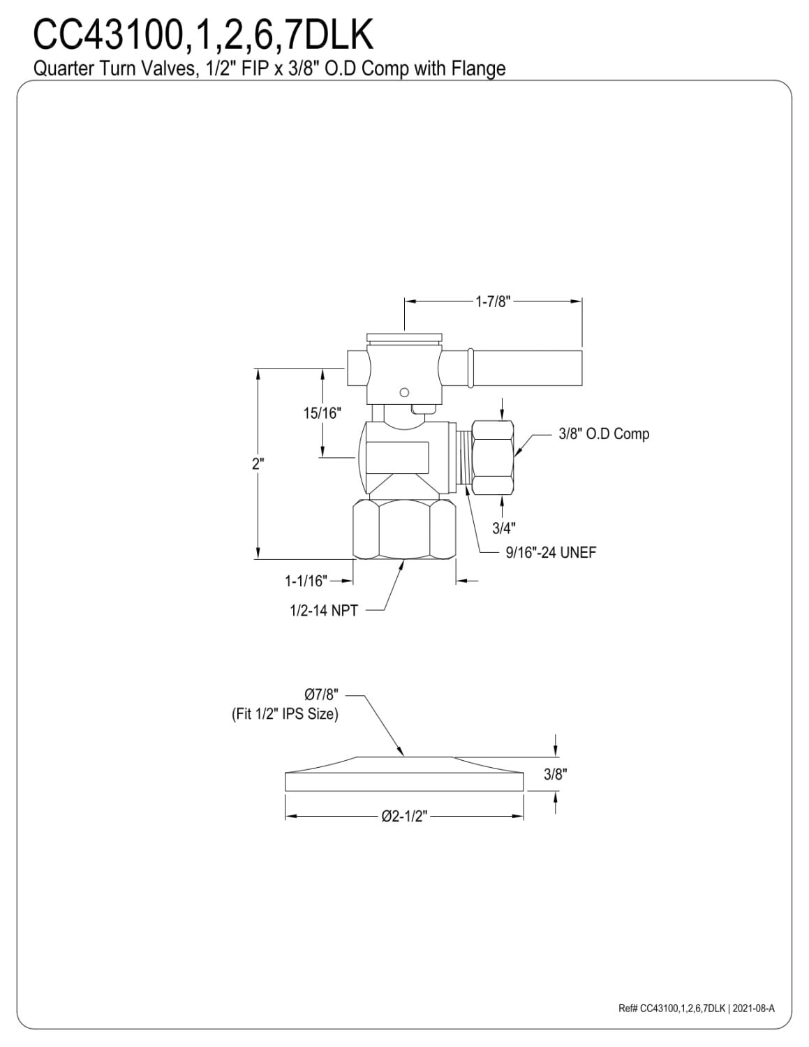 Kingston Brass CC43100DLK 1/2" FIP x 3/8" OD Comp Quarter-Turn Angle Stop Valve with Flange, Matte Black