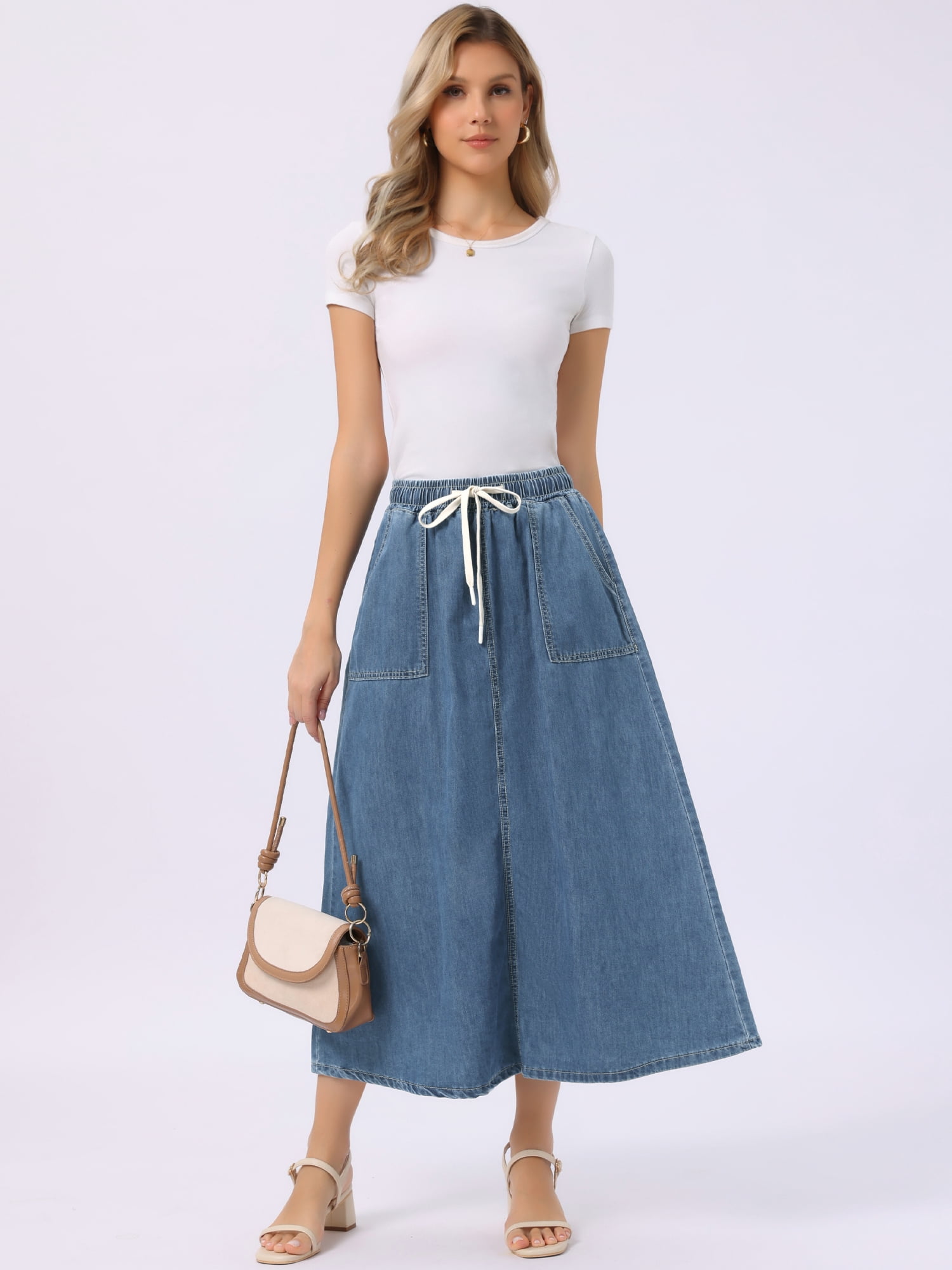 DARING DIVA Women's Elastic Waist A Line Long Jean Skirts L Blue