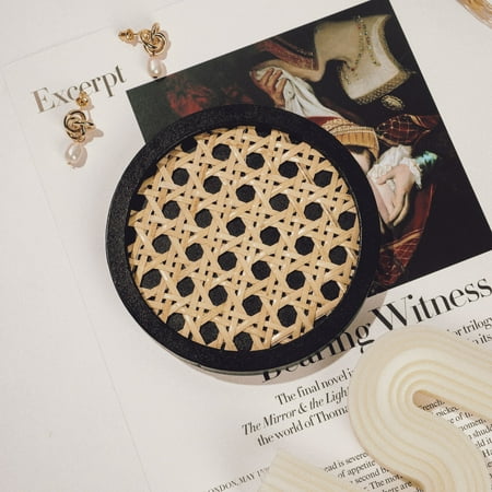 

MomentDecor Unique Rattan Wood Coasters Round Shape Set of 4 Exclusive 4.2 Size Classic Black Wood Natural Handwoven Real Rattan Stylish Decor Protects Surfaces