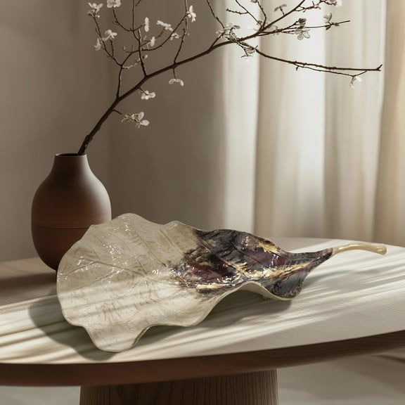Tray for Bed, Coffee Table, or Home Decor - Decorative Leaf-Shaped Tray Perfect for Centerpiece Table Decoration or Home Accent - Unique Tray for Jewelries, Trinkets, or Vanities - 27" Ivory & Gold