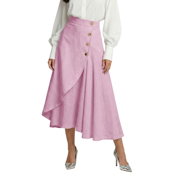 Fewfanhot Skirts for Women Button Front High Waist Vintage Stretch A-Line Flared Casual Midi Skirts with Pockets