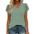 thumbnail image 2 of TAGOLD Womens Short Sleeve V-Neck Blouses & Shirts Solid Color V Neck Patchwork Ruffle Short Sleeve Loose Top, 2 of 5