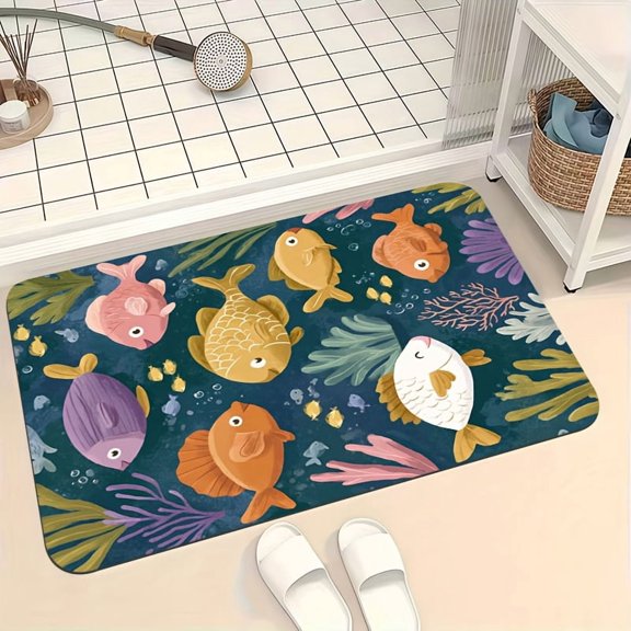 One colorful fish and algae patterned floor mat, highly absorbent, machine washable, suitable for kitchens, bedroom entrances, bathrooms, indoor and outdoor entrances, toilets, shower rooms, etc.
