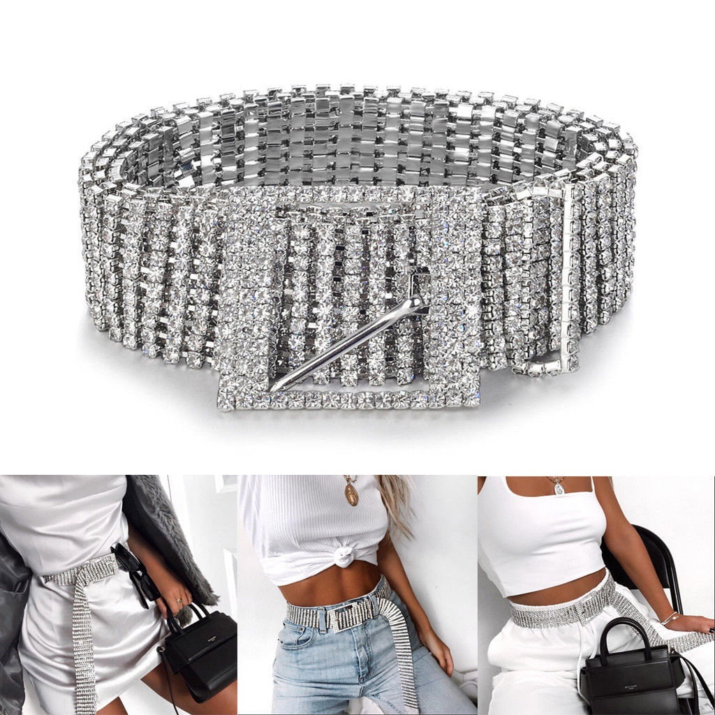 Bling Crystal Wide Chain Belt Women Full Diamonde Glitter Rhinestone Waistband 
