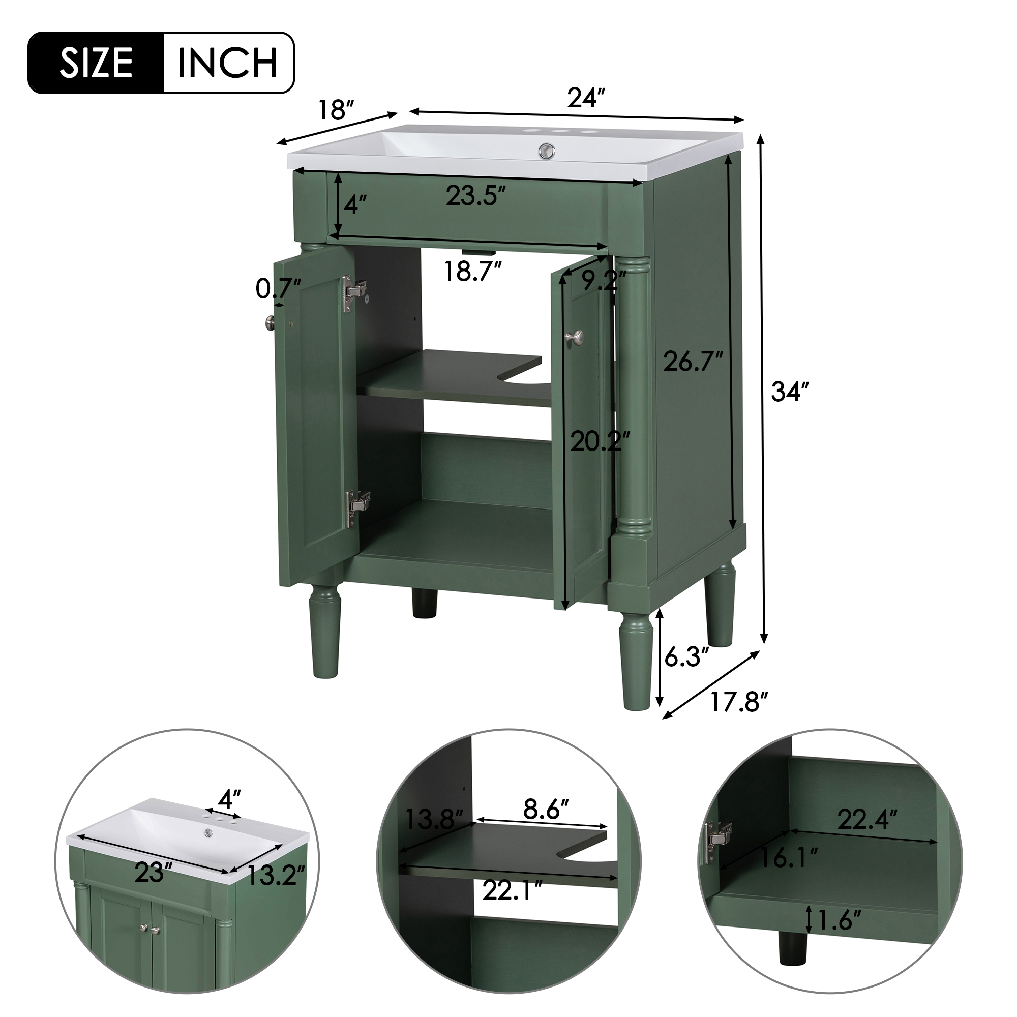 Rugerasy 24" Bathroom Vanity With Sink Modern 2-Tier Bathroom Storage locker With Double Door Single Sink Bathroom Vanity For Home Hotel