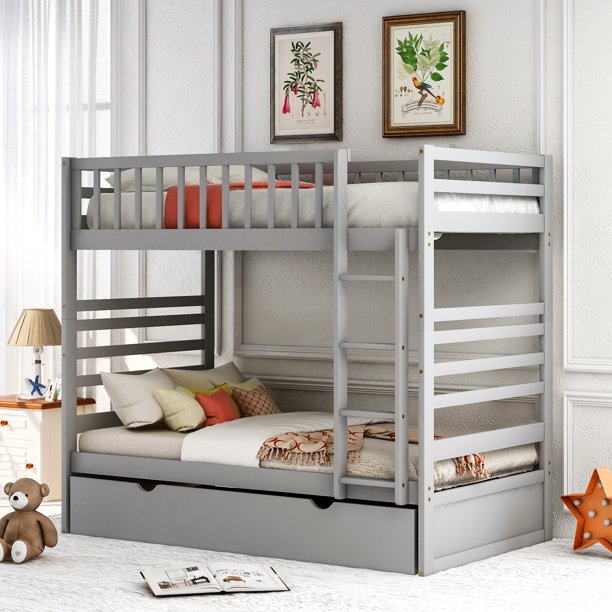 enyopro Trundle Bunk Beds, Detachable Wood Full Bunk Bed Frame with Twin Trundle, Wooden Trundle