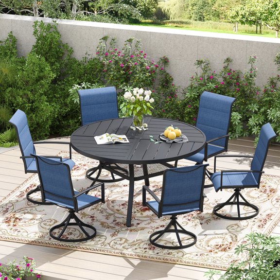 DIFY 7PCS Outdoor Dining Set, 47" Round Dining Table and 6 Swivel Chairs, Black/Dark Blue