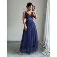 thumbnail image 3 of Navy Blue Sleeveless V-Neck Floor-Length Evening Gown With Faux Pearl Embellishment And Sheer Tulle Hem, 3 of 5