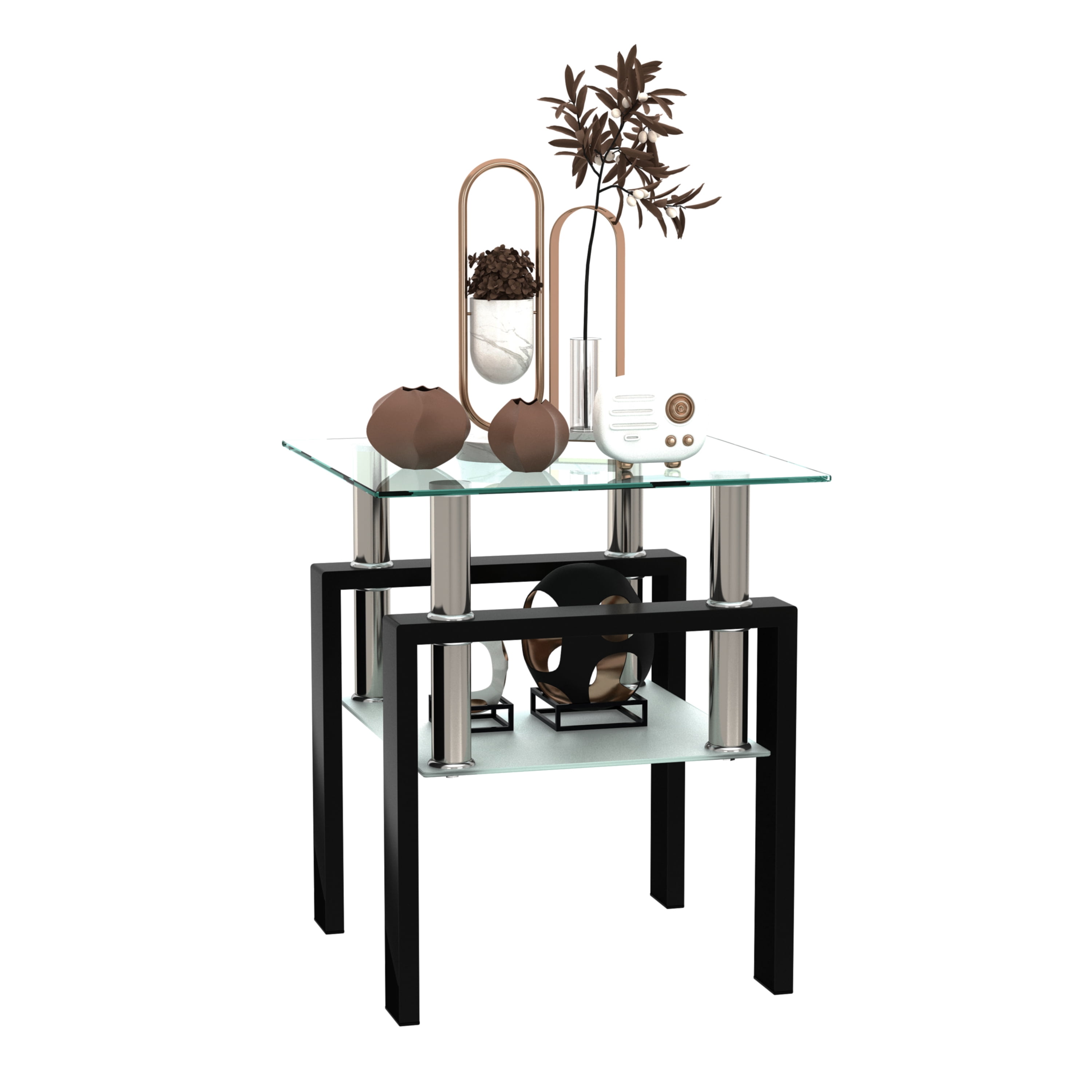 MAYEERTY Modern Square Tempered Glass Coffee Table – Transparent & Black End Table for Living Room